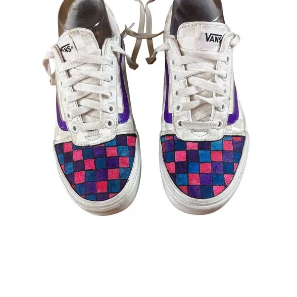 Vans Off the Wall Size 7 Checkered Design Canvas Shoes With Pink Blue Purple - Image 5