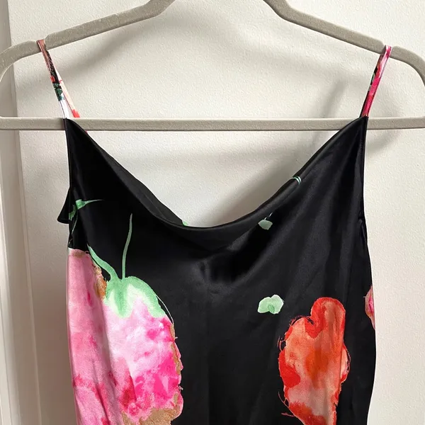 Josie Natori Silk Slip Dress Womens L Black Peony Blossom Floral Bias Cut Midi - Image 3