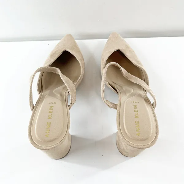 Anne Klein Bellatrix Pointed Toe Suede Block Heel Mule Heels Tan Beige 9 - Image 6
