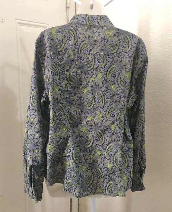 Michael Kors Green blue purple paisley button up down shirt top blouse long sleeve office siren corporate core boho-XL - Image 2