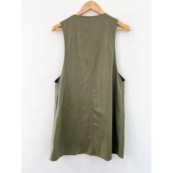NEW ZARA Faux Leather Pinafore Dress Medium Sage Green Deep V Gold Buttons - Image 8