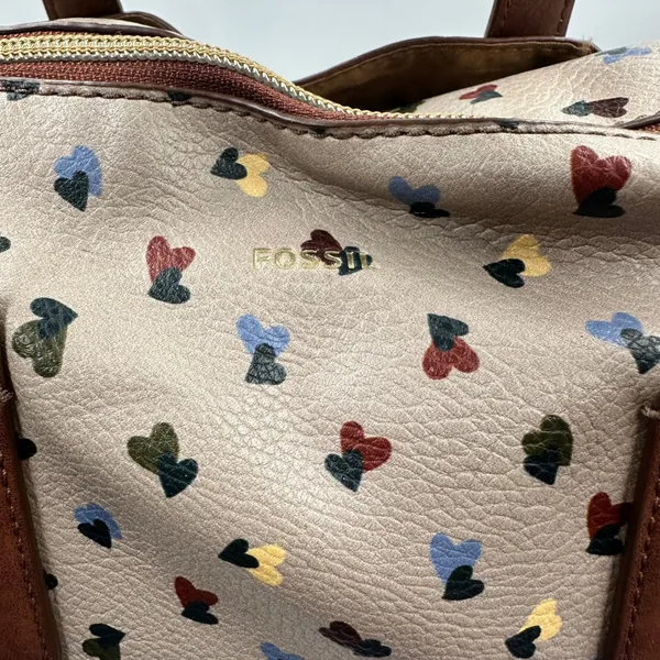 Fossil Rachel Satchel Bag Taupe Heart Print Pebbled Leather Brown Trim Handbag - Image 2