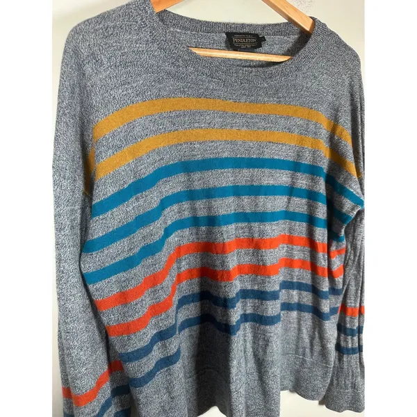 Pendleton Merino Wool Sweater Womens Large Blue Striped Crewneck Cabin Heritage - Image 3
