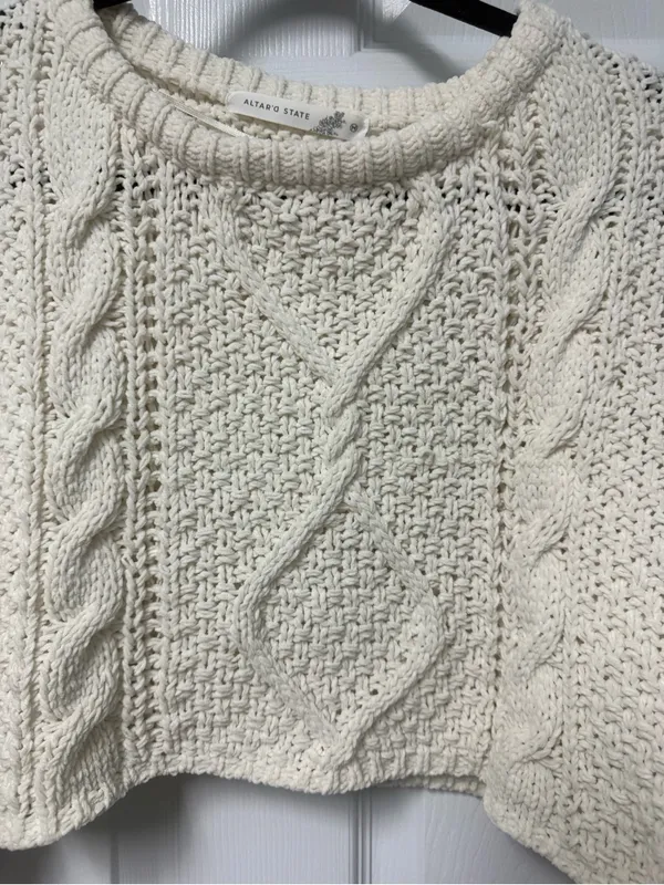 Altar'd State Cream Cable Knit Cropped Crewneck Sweater - Image 3