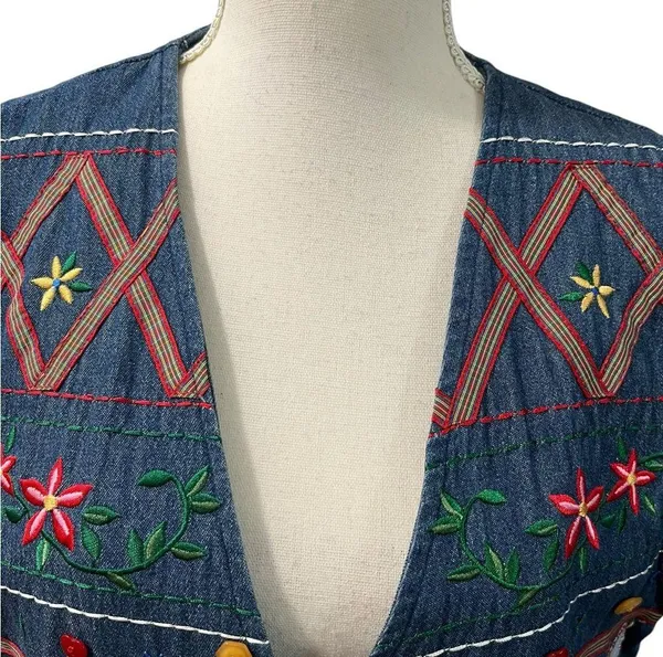 Vintage Napa Valley 90s Denim Embroidered Cottagecore Hearts Flowers Vest M - Image 3