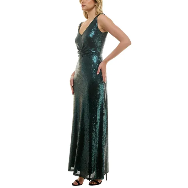 NWT Taylor Stretch Mesh Sequin Cinched Waist Gown Dress Bottle Green 2 - Image 3