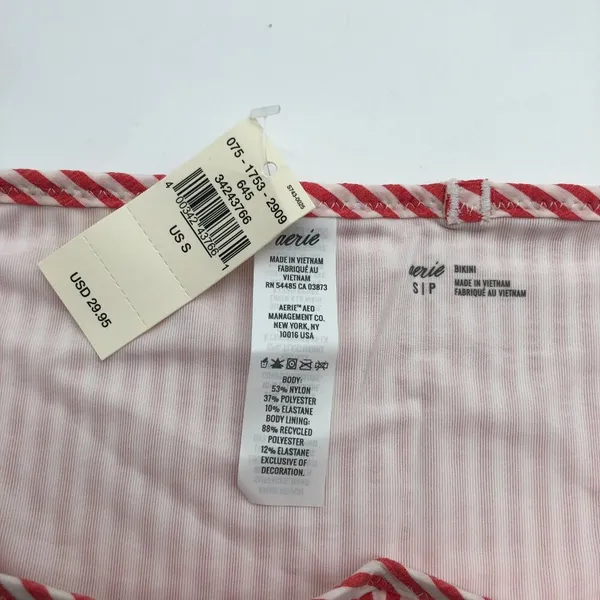 Aerie Swim Bikini Bottom Hipster Brief Seersucker Ruffle Striped Red White S - Image 3