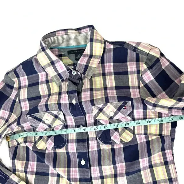 TOMMY HILFIGER Shirt Womens Small Purple Plaid Long Sleeve Button Front Top - Image 9