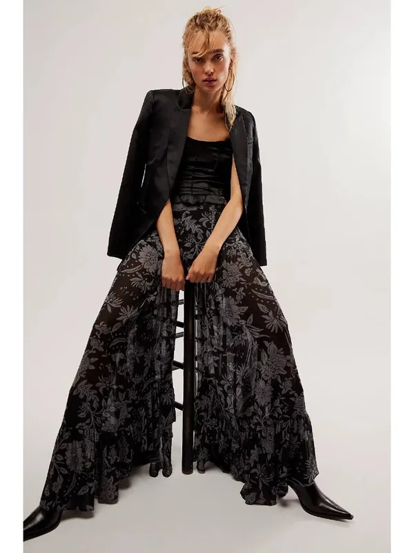 NWT Free People Colette Wide-Leg Pants in Black Gray Floral Semi-Sheer S - Image 2