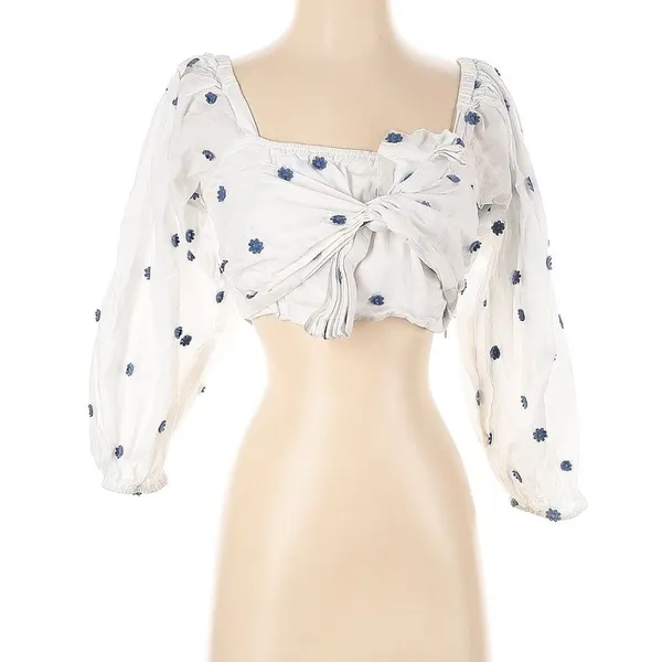FARM RIO flower embroidered‎ White Crop Top Small - Image 7