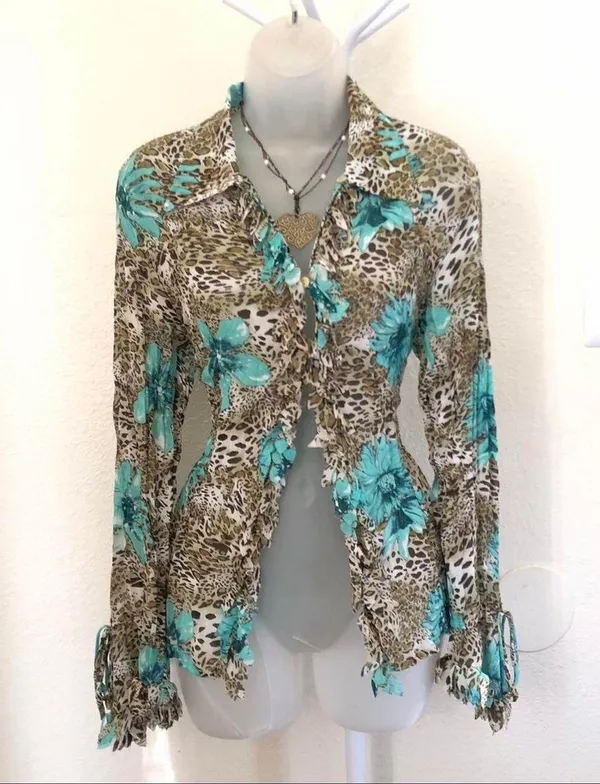 Rare Y2K Belissimo Leopard patchwork fitted shirt top blouse turquoise floral button ruffles boho hippie indie office siren core long sleeve-M - Image 2
