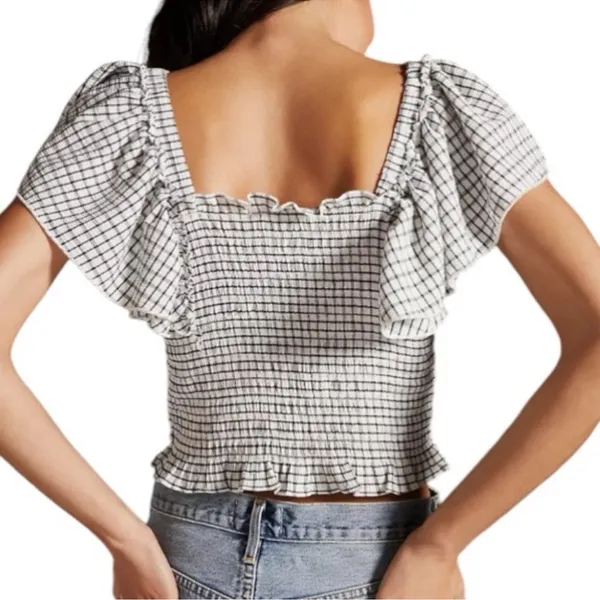 Maeve Anthropologie Smocked‎ Gingham Crop Top Women’s Small White Off Shoulder - Image 2