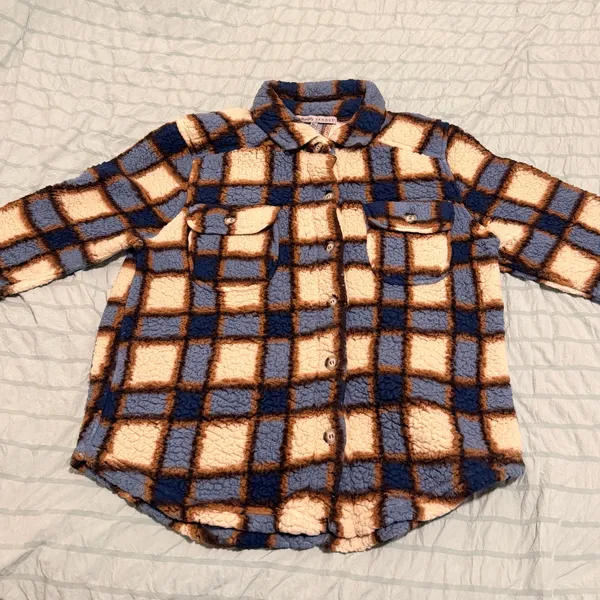 Absolutely Famous Blue & Brown Plaid Sherpa Fleece Shacket - Womens Size XL - Image 9