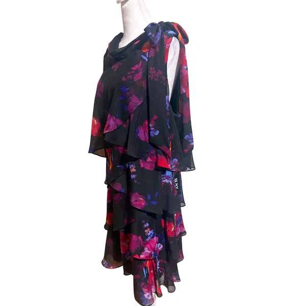 SLNY Tiered Chiffon Dress 16 Black Floral New Tie Cowl Neck Ruffle Shimmer - Image 2