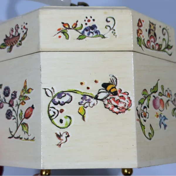 Vintage Floral Wood Octagonal Box Purse Cottagecore Fairy Coquette Birds Animals - Image 6