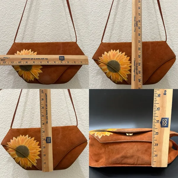 Vintage CHARLES JOURDAN Brown Suede Leather Hand-painted Sunflower Crossbody Bag - Image 12