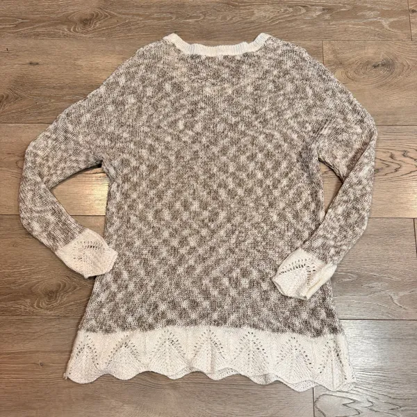 Poof Knit Sweater‎ Beige Crochet Hem Lace Cuffs Size Large L Whimsy - Image 2