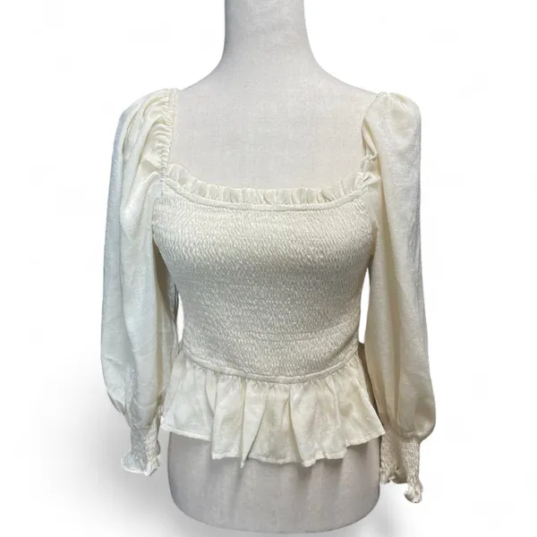 On‎ Blue Womens Ivory Smocked Square Neck long sleeve peplum Poet blouse Medium - Image 2