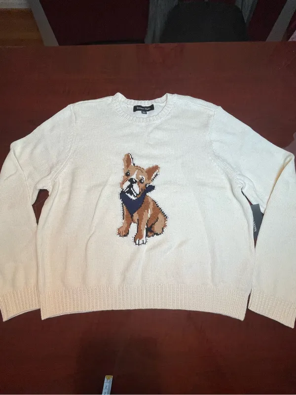 Sweet Halo French Bulldog Graphic Knit Cotton Sweater Cream Cute Dog Sz L - Image 2