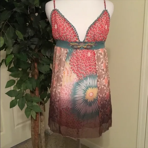 Anthropologie Lulumarie Pink & Blue Boho Print Adjustable Spaghetti Strap Tank Top M - Image 7