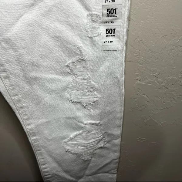 NWT Levi's 501’s White Distressed High‎ Rise Raw Hem Straight Leg Denim Jeans - Image 7