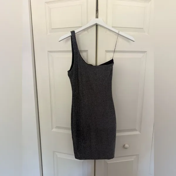 Meshki Scarlett Shimmer Dress Dark Silver Glitter One Shoulder Mini Size Small - Image 7
