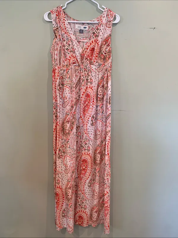 Old Navy Women’s Small Coral and Cream Paisley Sleeveless Maxi Maternity Dress - Image 2