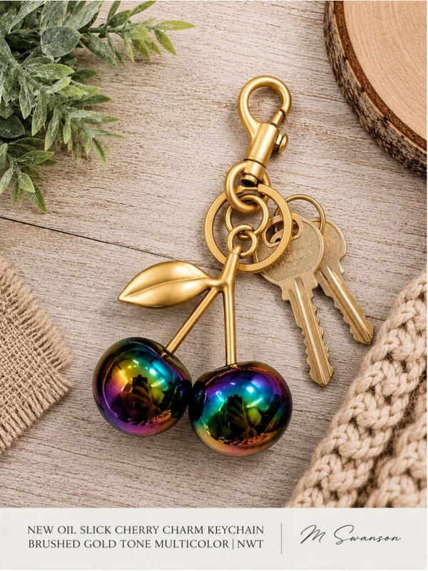 NEW Cherry Charm Keychain Gold and Multicolor Oil Slick NWT - Image 3