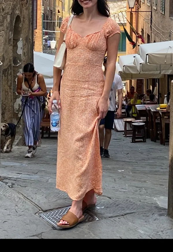 H&M Orange Floral Milkmaid Dress Puff Sleeve Midi - Image 2