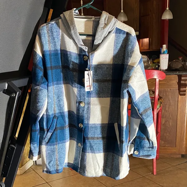 Blue and White Plaid Women's Hoodie - Image 4