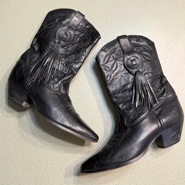 Vintage Laredo black leather‎ fringe cowboy boots BURNING MAN size 9 T1 - Image 2