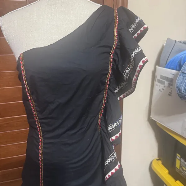 Love Shack Fancy Black 100% Cotton One Shoulder Ruffle Dress sz 2 Mexican Fiesta - Image 9