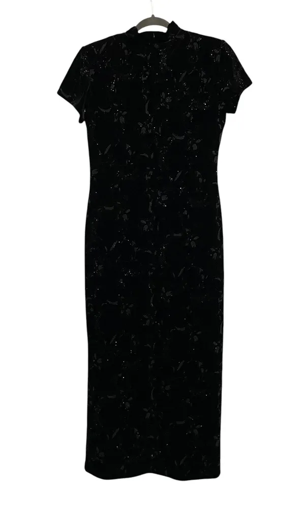 Dress Barn Black Velvet Floral Sparkle Mandarin Style Maxi Dress Size 12 - Image 4