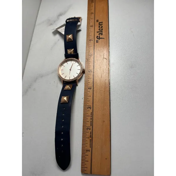 Womens Rose Gold Crystal Bezel Watch Navy Blue Studded Strap Fashion‎ Timepiece - Image 5