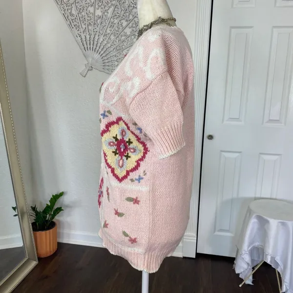 Vintage Light Blush Pink Boho Coquette Knitted Knit Shortsleeve Sweater Top M - Image 5