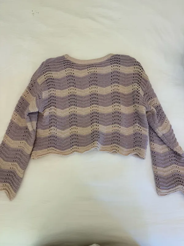 Altar'd State Lavender and Beige Striped Crochet Crewneck Sweater - Image 3