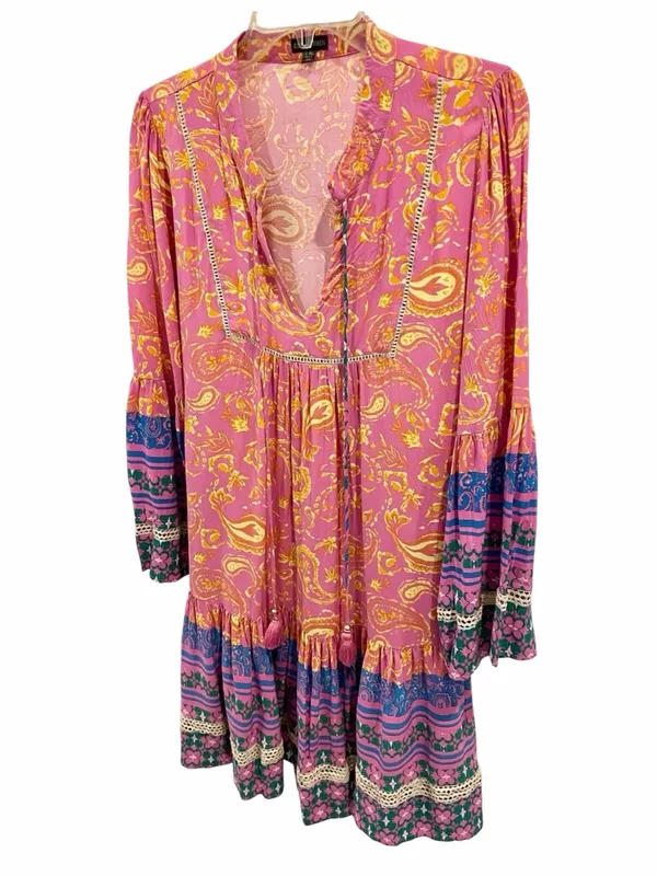Coco + Carmen Boho Paisley Tunic Dress Pink Blue Tassel Tie Size L/XL Hippie - Image 10