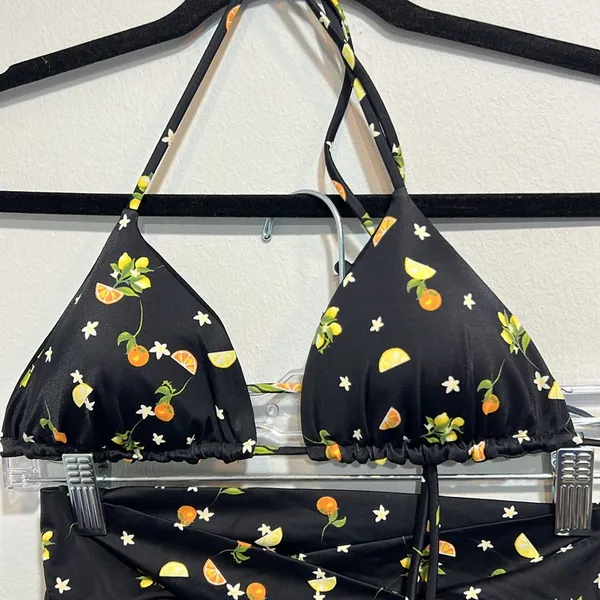 PINK bikini swimsuit size small orange lemon print high waist string top - Image 4