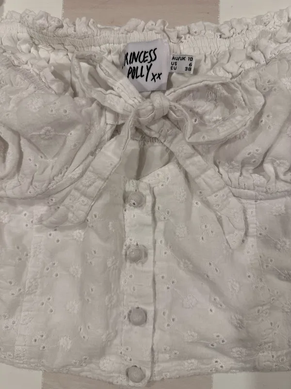 Princess Polly White Eyelet Puff Sleeve Ruched Button Front Crop Top Cottagecore - Image 6