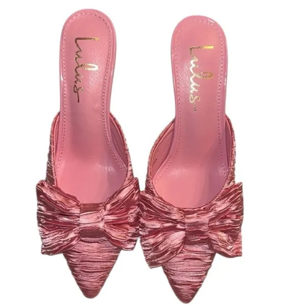 Lulus Rose Pink Satin Textured Bow High Heel Mules(Size 6) - Image 2
