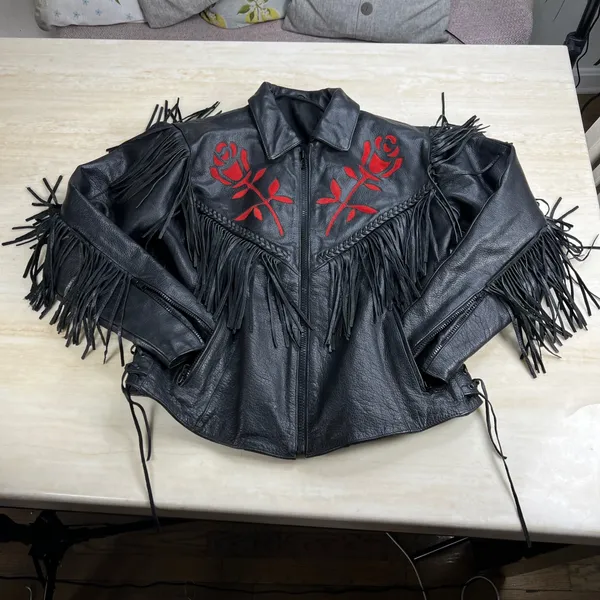 Womens Black Leather Fringe Motorcycle Jacket Red Rose Embroidery Western Size M - Image 8