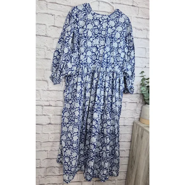 House of Sundar Maya Midi Dress 3XL Blue Iris Block Print Cotton Cottagecore - Image 7