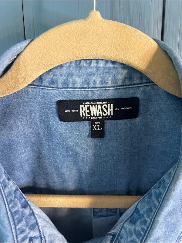 Rewash American Original Light Blue Denim Tie-Front Button Down S/L Shirt, XL - Image 2