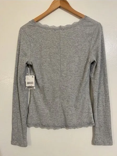 NWT Free people Big Love Ribbed Cardigan Elegant Grey Lace-Trimmed Small - Image 9