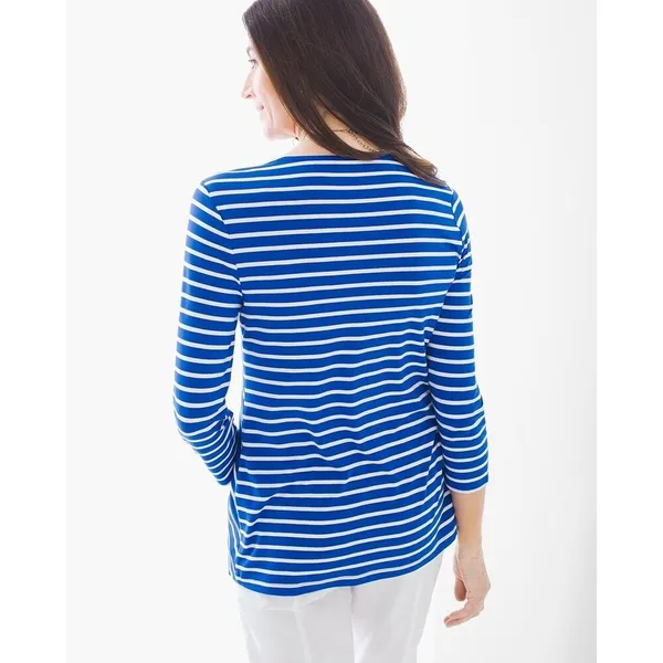 Chico's Miraculous Stripe Tiered Top Blue White‎ Asymmetrical Stripe Sz 1 M 8 - Image 7
