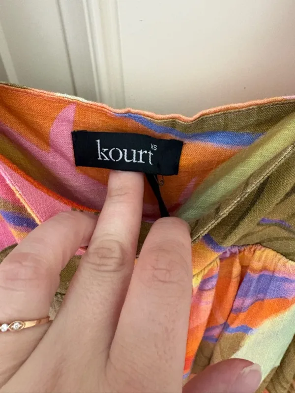 Revolve Kourt Pink Green Tropical Print Square Neck Ruffled Linen Mini Dress NWT XS - Image 4