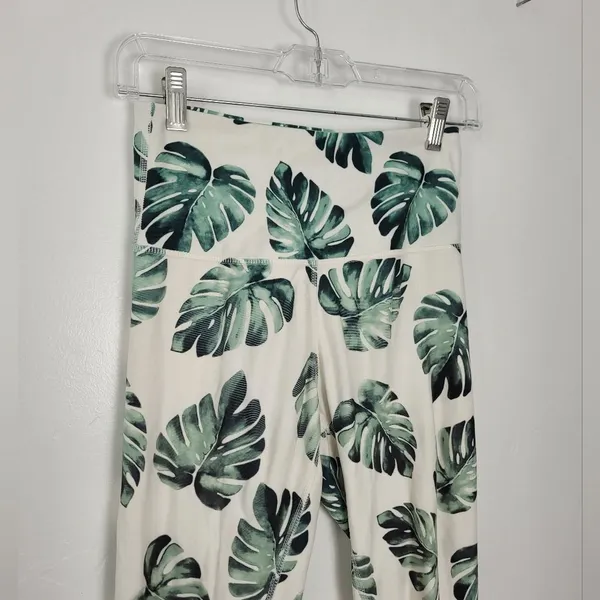 Wildfox Sweat Leggings Green Palm Print High Waist Sportswear Gym Workout Small - Image 2