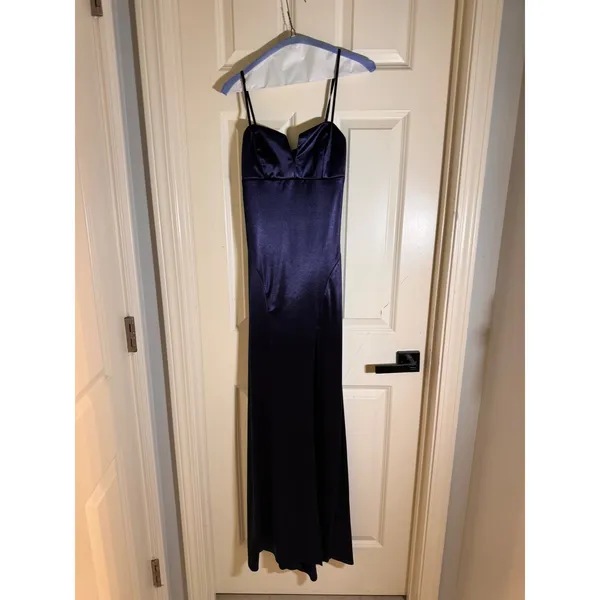 Honey and Rosie Navy Blue Satin Sweetheart Neck Side Slit Maxi Formal Gown Small - Image 2