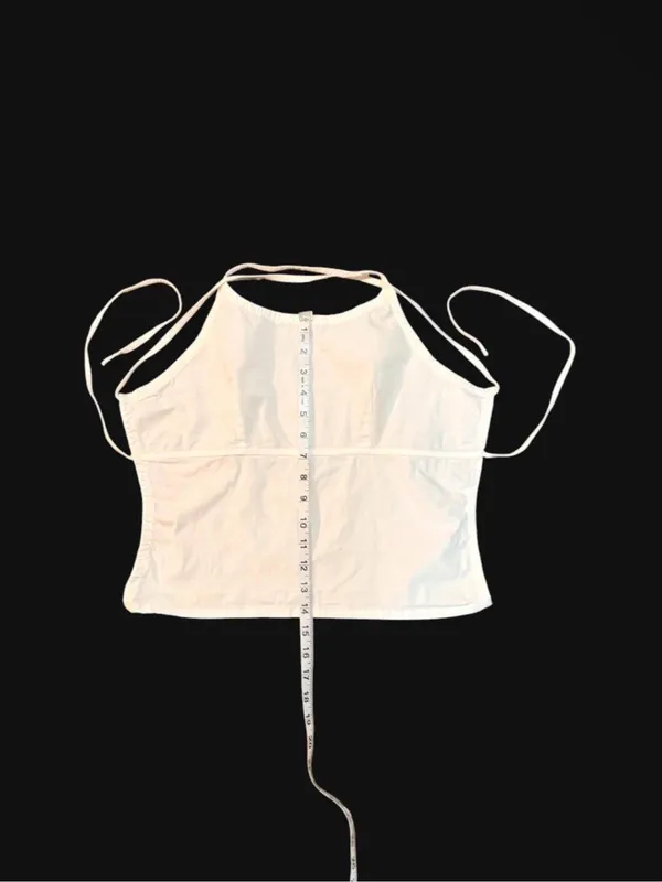 ANDREW & CO STRETCH Y2K White Halter Tie Back Top Sz S - Image 7