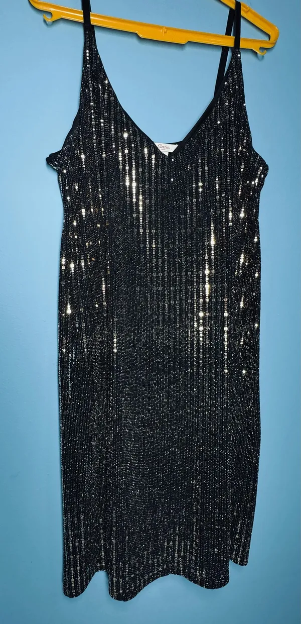 Candie's XL Black and Gold Sequin Striped V-Neck Slip Dress - Image 6